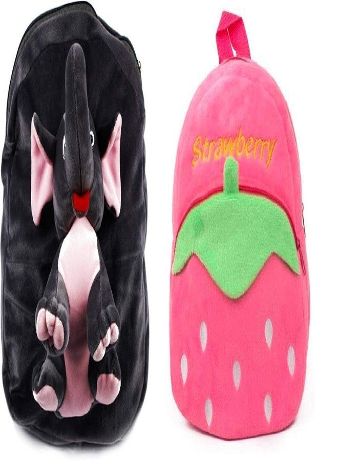 Black Hill School Bag for Kids Soft Plush Backpack Combo Cartoon Bags Mini Travel Bag for for Girls Boys Toddler Baby (Full Body Elephant & Pink Strawberry) - Image 1